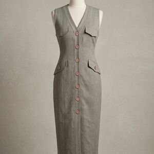 Vedette Sleeveless V-Neck Midi Dress in Gray with Button Front Pre-owned